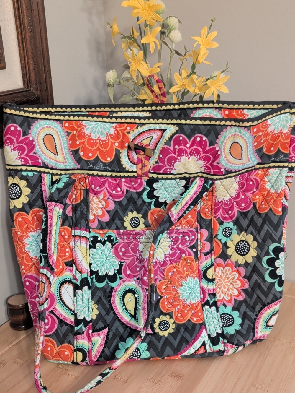 Vera Bradley Ziggy Zania Black Quilted Tote Pink, Orange & Teal Floral Paisley